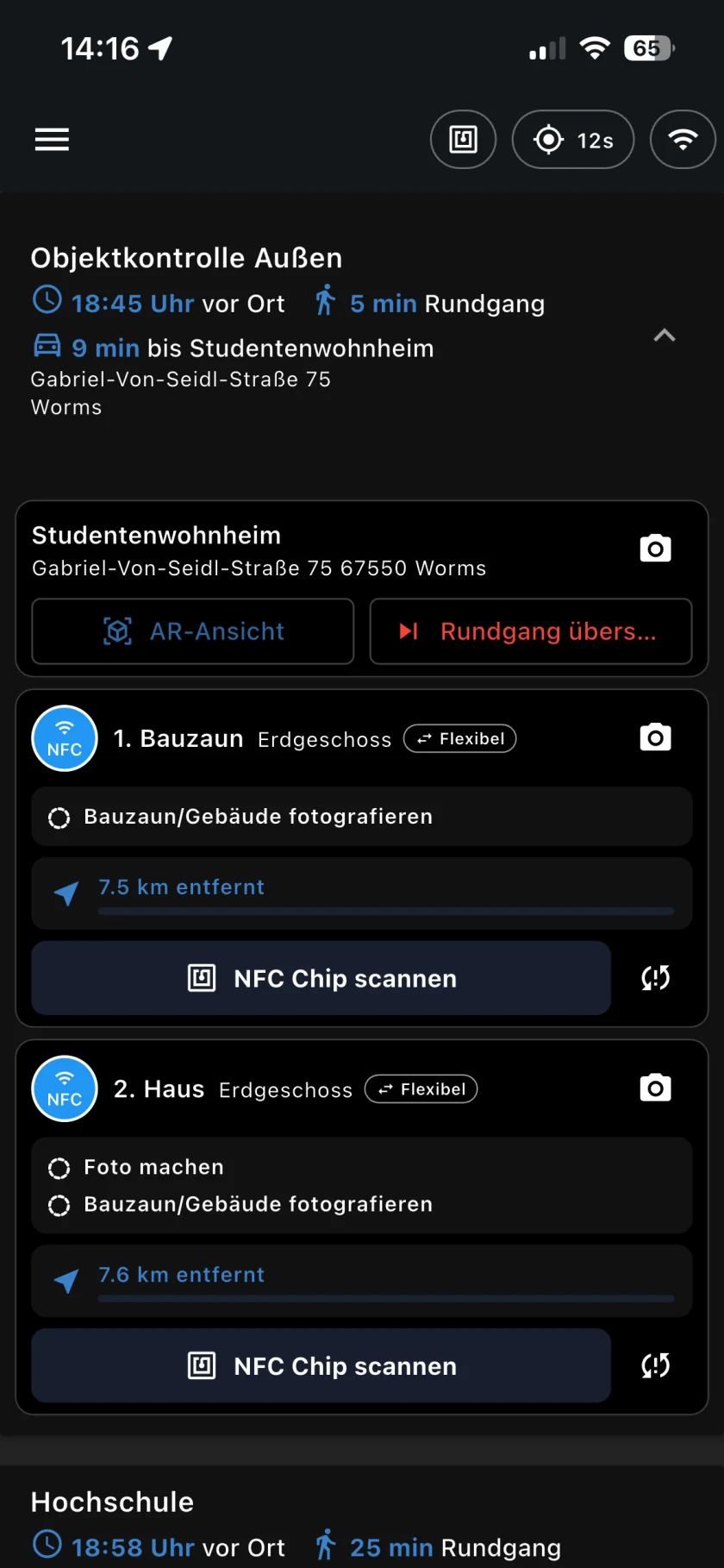 SecuritGo Mobile-App mit Objektkontrolle, Aufgabenliste und NFC-Scan für Kontrollpunkte